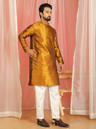 Men Jacquard Floral Mandarin Collor Long Kurta - Mustard