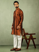 Men Jacquard Floral Mandarin Collor Long Kurta - Rust