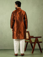 Men Jacquard Floral Mandarin Collor Long Kurta - Rust