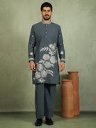 Luxe Men's Japanese Fabric Floral Embroidered Design Mandarin Collar Kurta - Blue