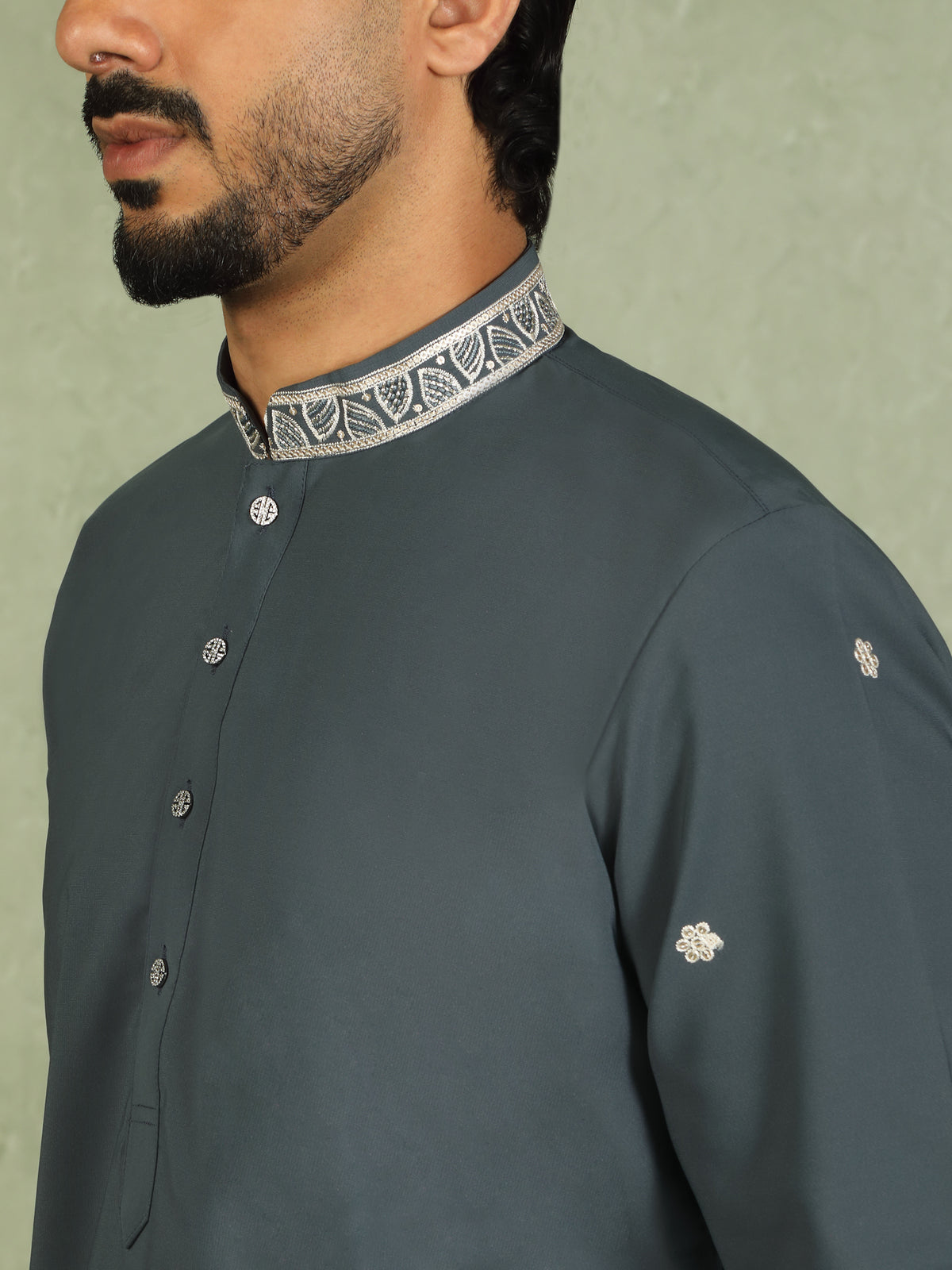 Luxe Men's Japanese Fabric Floral Embroidered Design Mandarin Collar Kurta - Blue