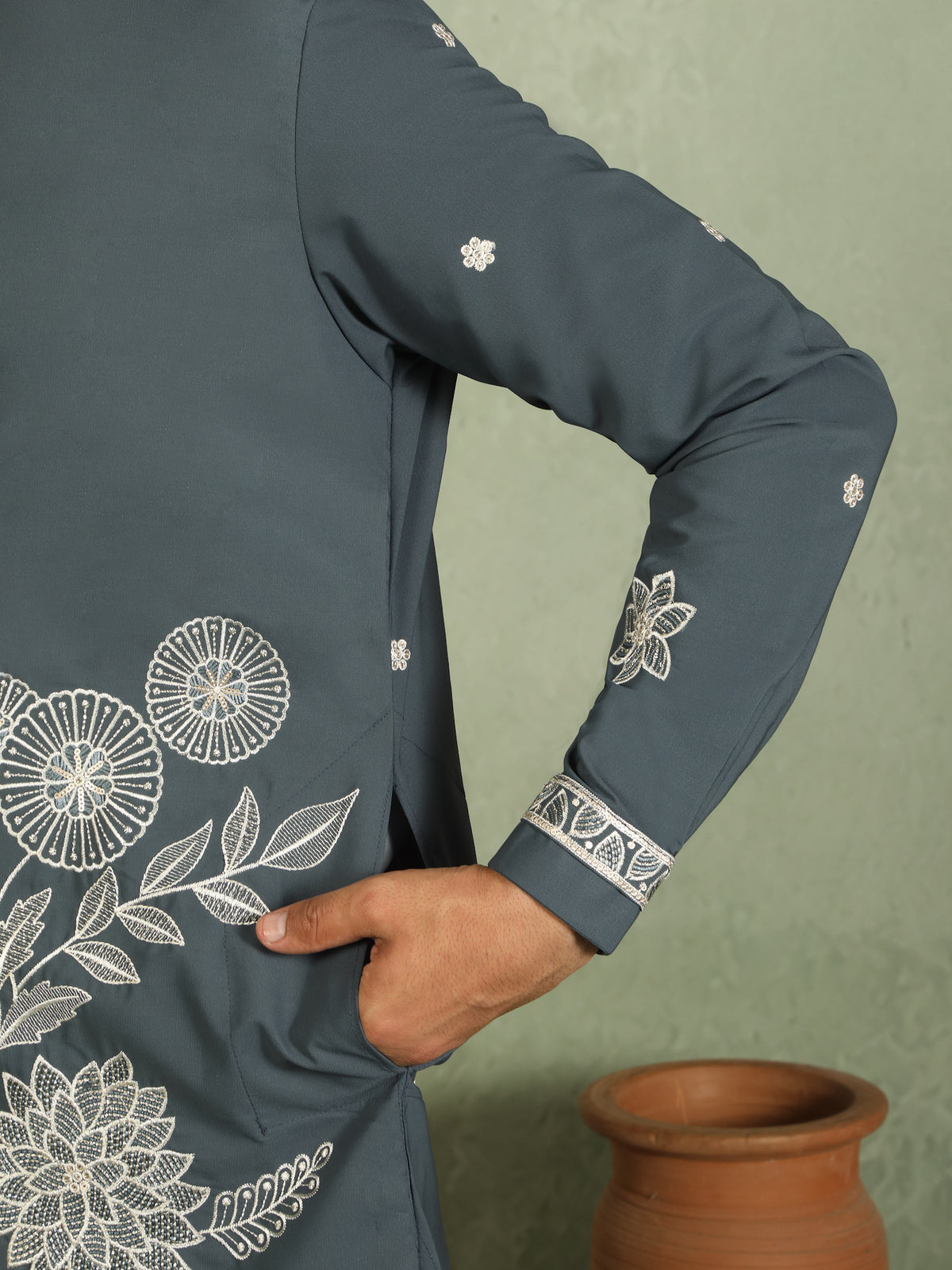 Luxe Men's Japanese Fabric Floral Embroidered Design Mandarin Collar Kurta - Blue