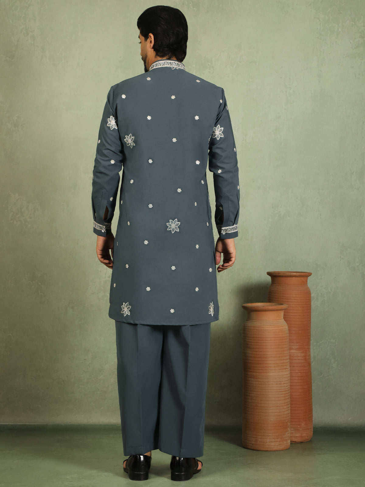 Luxe Men's Japanese Fabric Floral Embroidered Design Mandarin Collar Kurta - Blue