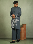 Luxe Men's Japanese Fabric Floral Embroidered Design Mandarin Collar Kurta - Blue