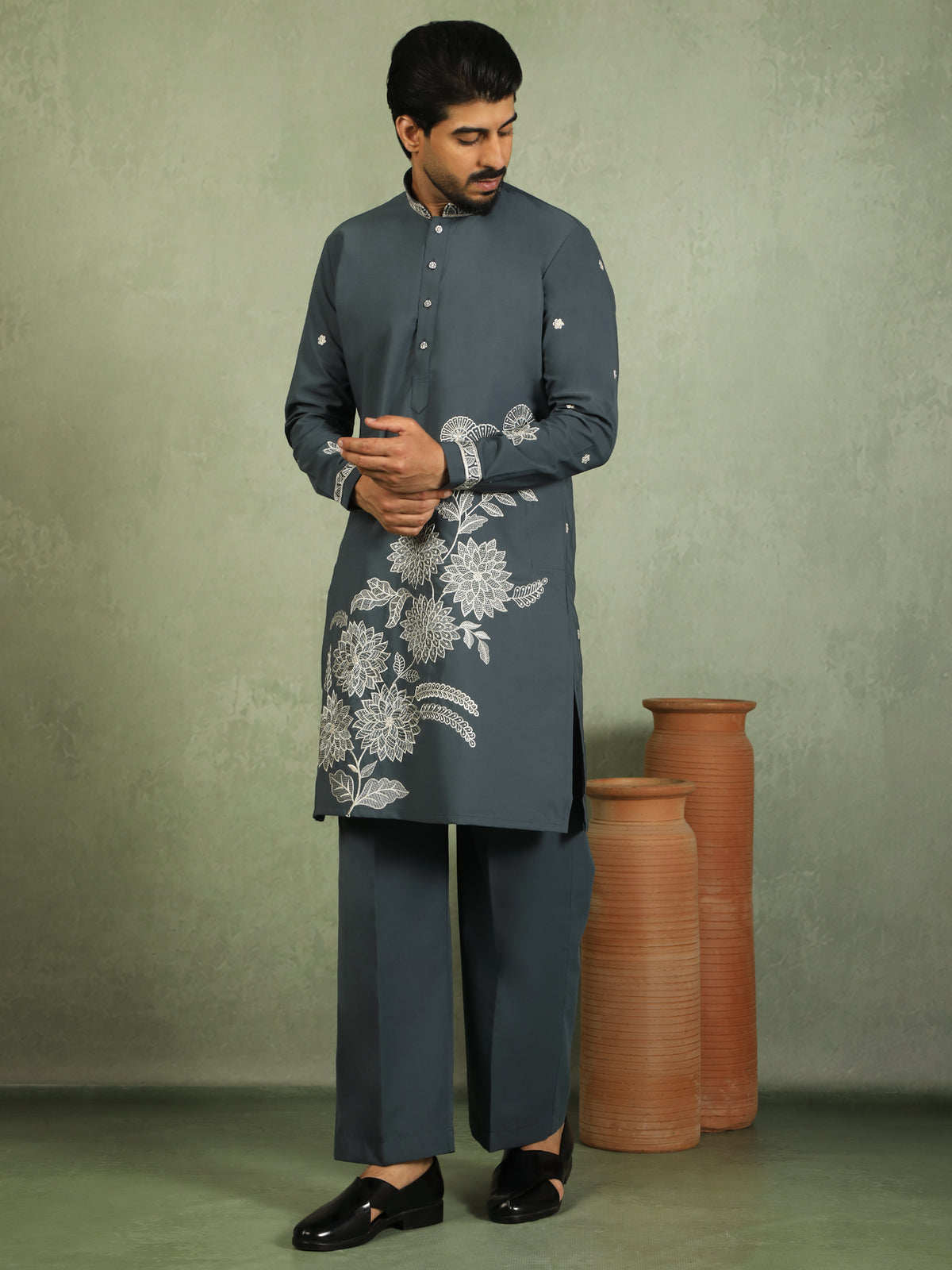 Luxe Men's Japanese Fabric Floral Embroidered Design Mandarin Collar Kurta - Blue