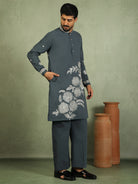 Luxe Men's Japanese Fabric Floral Embroidered Design Mandarin Collar Kurta - Blue