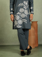 Luxe Men's Japanese Fabric Floral Embroidered Design Mandarin Collar Kurta - Blue