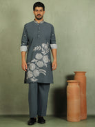 Luxe Men's Japanese Fabric Floral Embroidered Design Mandarin Collar Kurta - Blue