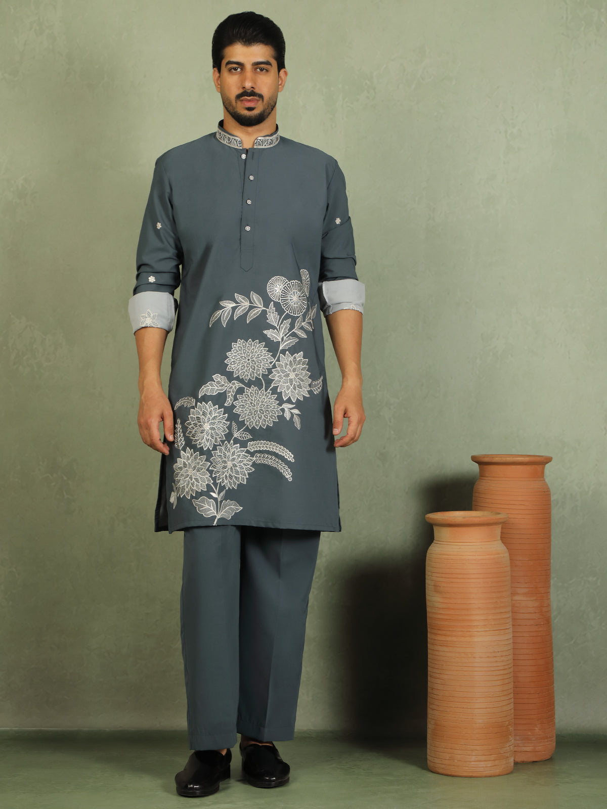 Luxe Men's Japanese Fabric Floral Embroidered Design Mandarin Collar Kurta - Blue