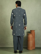 Luxe Men's Japanese Fabric Floral Embroidered Design Mandarin Collar Kurta with Trouser Set - Blue
