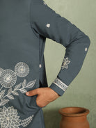 Luxe Men's Japanese Fabric Floral Embroidered Design Mandarin Collar Kurta with Trouser Set - Blue
