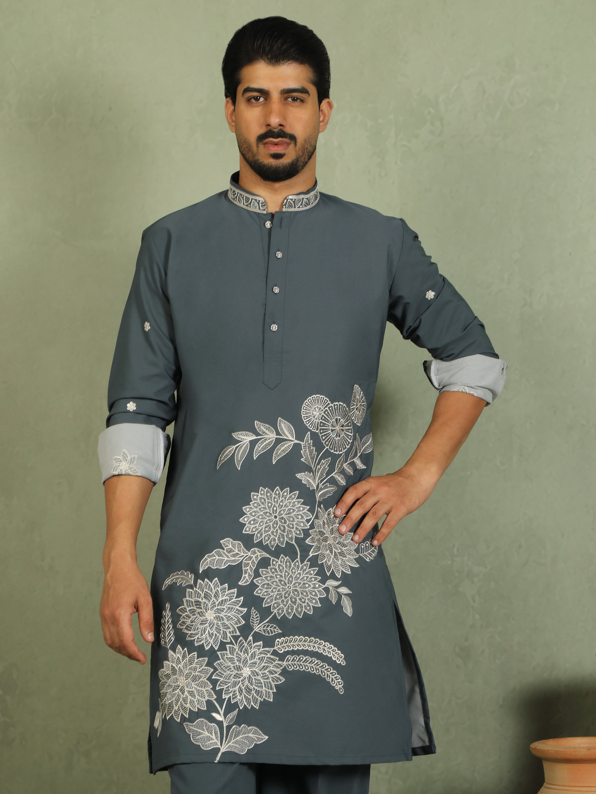 Luxe Men's Japanese Fabric Floral Embroidered Design Mandarin Collar Kurta with Trouser Set - Blue