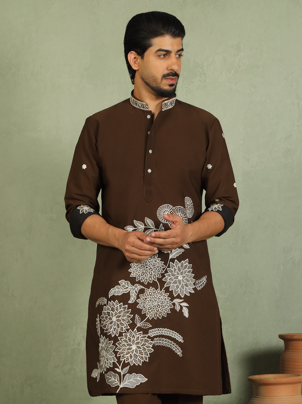 Luxe Men's Japanese Fabric Floral Embroidered Design Mandarin Collar Kurta