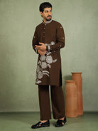 Luxe Men's Japanese Fabric Floral Embroidered Design Mandarin Collar Kurta - Mehndi