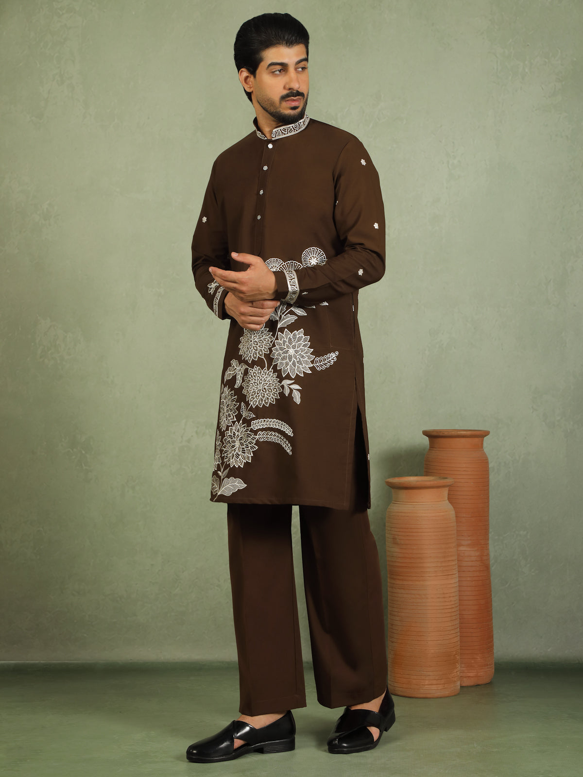 Luxe Men's Japanese Fabric Floral Embroidered Design Mandarin Collar Kurta - Mehndi