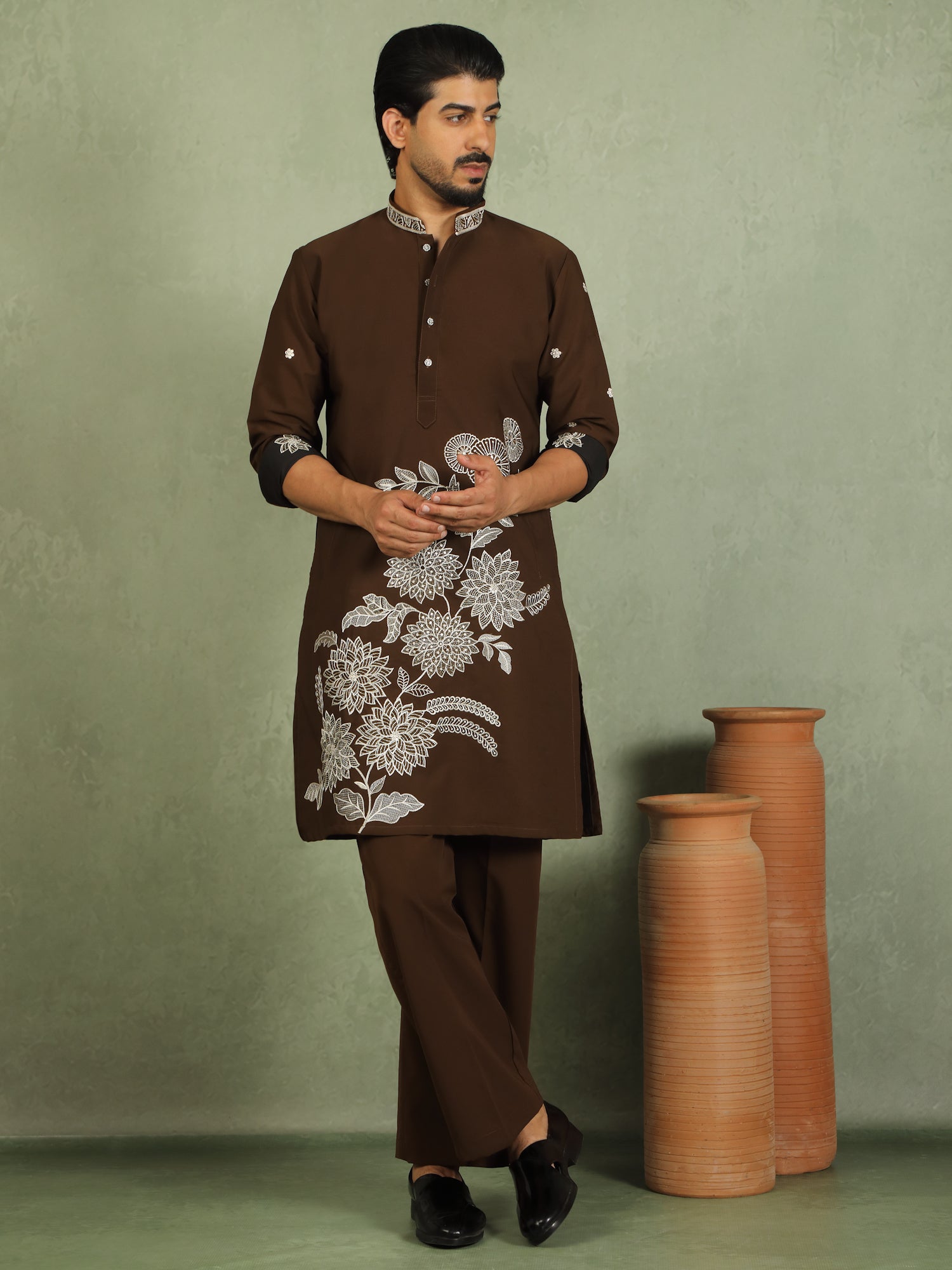 Luxe Men's Japanese Fabric Floral Embroidered Design Mandarin Collar Kurta with Trouser Set - Mehndi