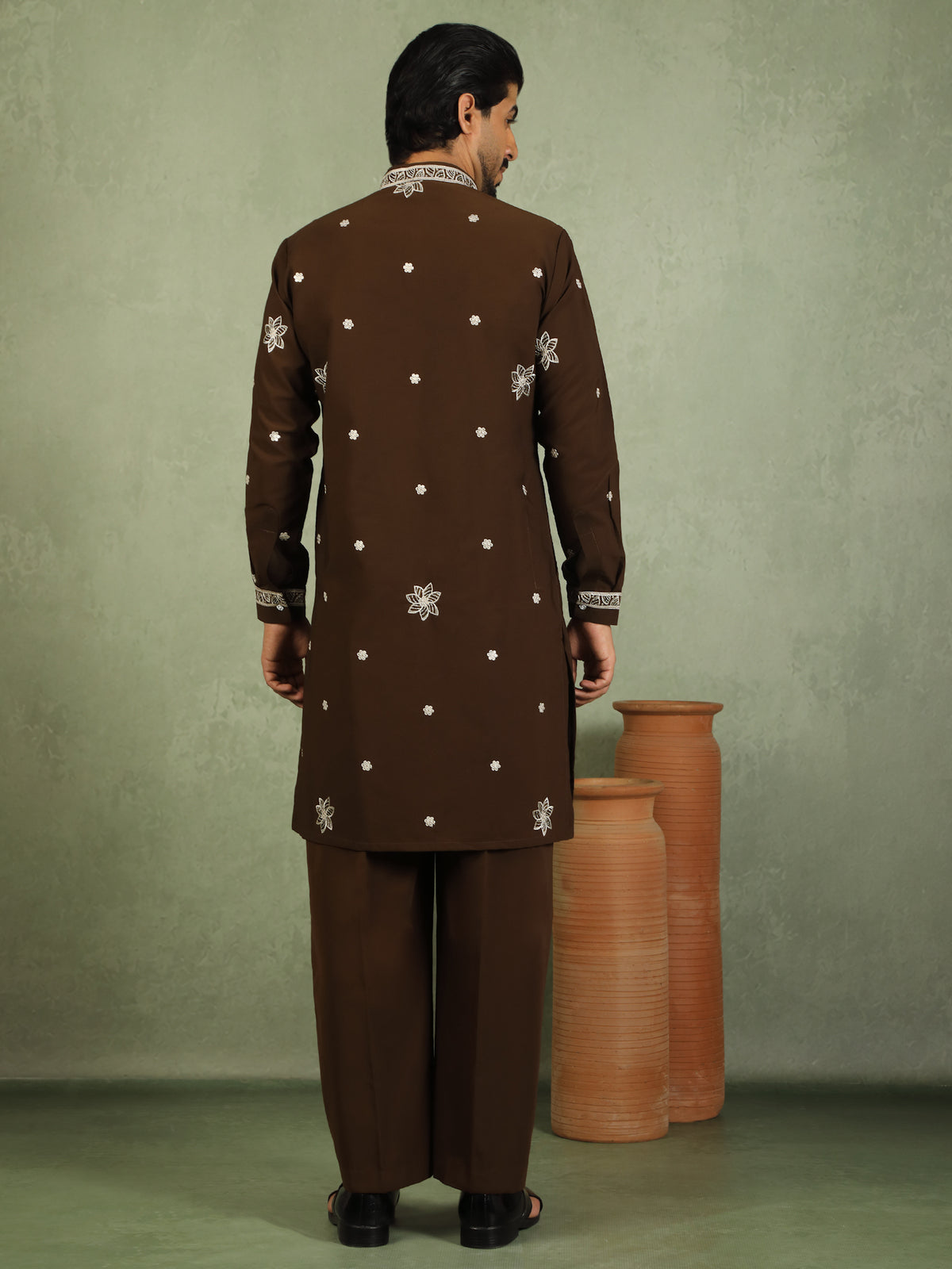 Luxe Men's Japanese Fabric Floral Embroidered Design Mandarin Collar Kurta with Trouser Set - Mehndi