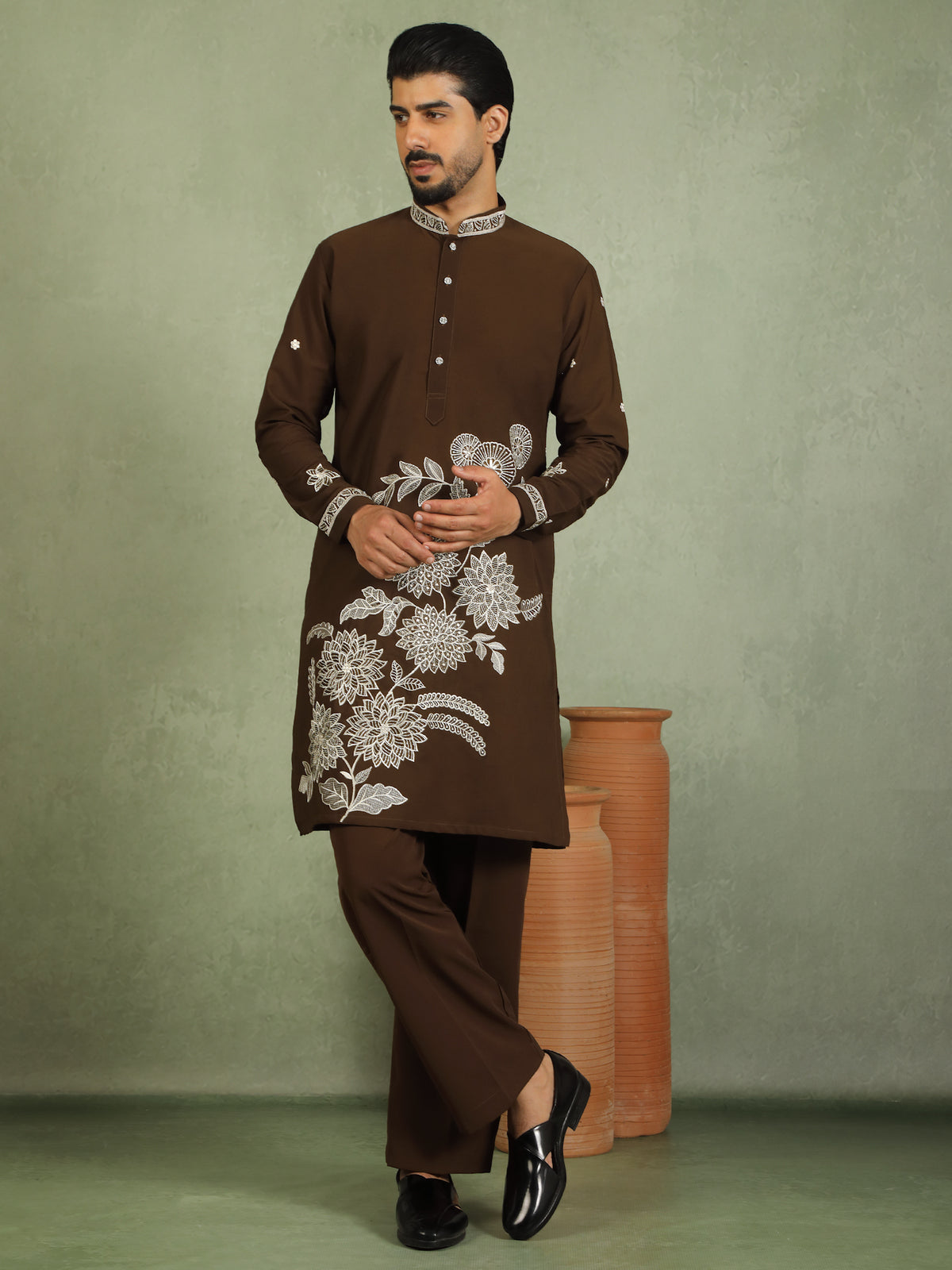 Luxe Men's Japanese Fabric Floral Embroidered Design Mandarin Collar Kurta with Trouser Set - Mehndi