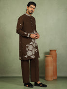 Luxe Men's Japanese Fabric Floral Embroidered Design Mandarin Collar Kurta with Trouser Set - Mehndi