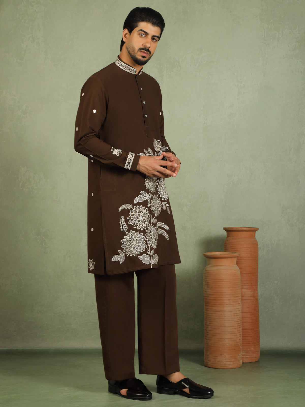 Luxe Men's Japanese Fabric Floral Embroidered Design Mandarin Collar Kurta with Trouser Set - Mehndi