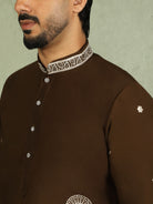 Luxe Men's Japanese Fabric Floral Embroidered Design Mandarin Collar Kurta with Trouser Set - Mehndi