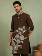 Luxe Men's Japanese Fabric Floral Embroidered Design Mandarin Collar Kurta with Trouser Set - Mehndi