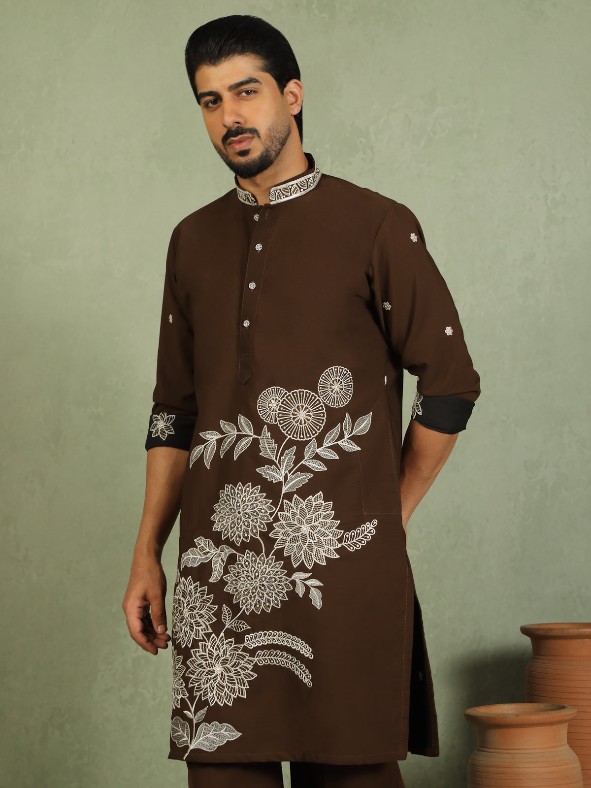 Luxe Men's Japanese Fabric Floral Embroidered Design Mandarin Collar Kurta with Trouser Set - Mehndi