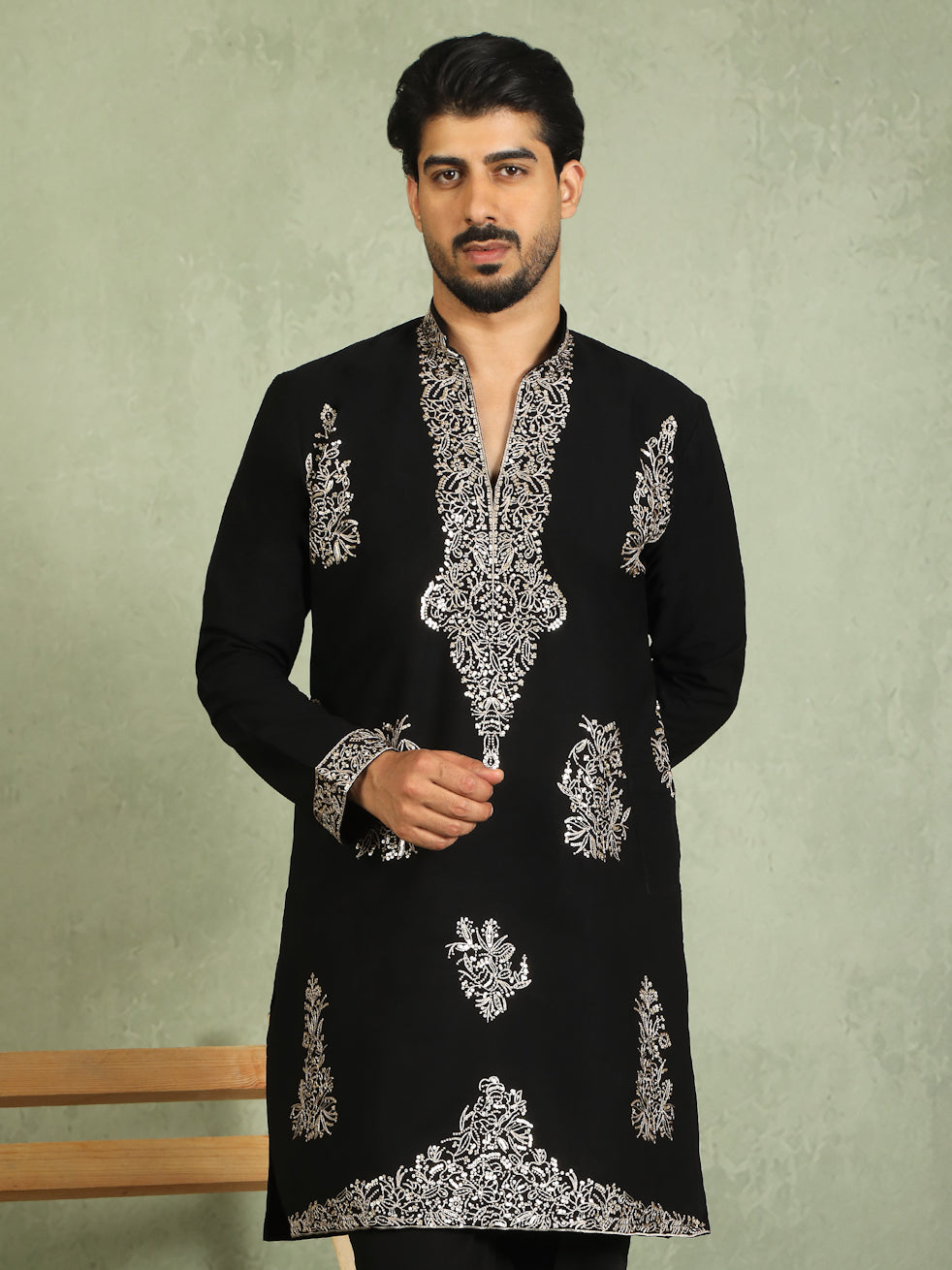 Luxe Men's Japanese Fabric Zari Embroidered Design with Sequinned V-Neck Kurta