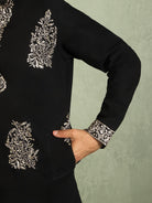 Luxe Men's Japanese Fabric Zari Embroidered Design with Sequinned V-Neck Kurta - Black