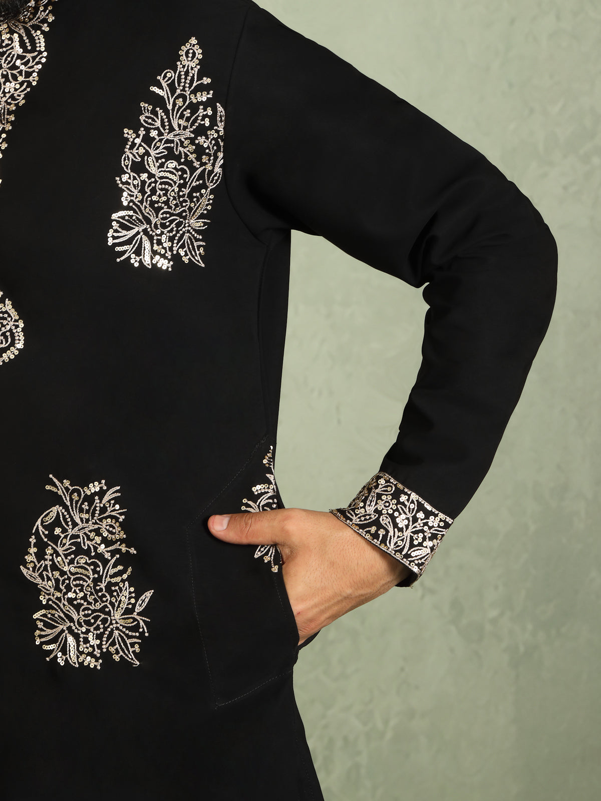 Luxe Men's Japanese Fabric Zari Embroidered Design with Sequinned V-Neck Kurta - Black