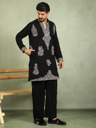 Luxe Men's Japanese Fabric Zari Embroidered Design with Sequinned V-Neck Kurta - Black