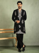 Luxe Men's Japanese Fabric Zari Embroidered Design with Sequinned V-Neck Kurta with Trouser Set - Black