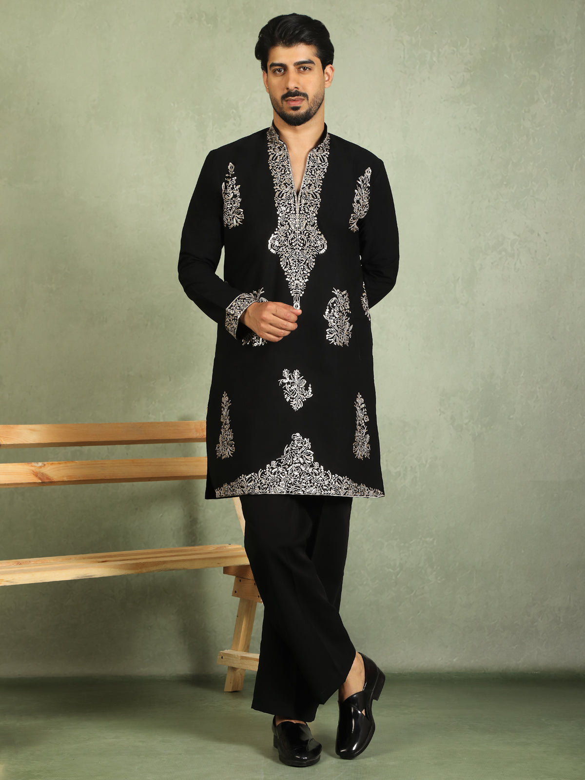 Luxe Men's Japanese Fabric Zari Embroidered Design with Sequinned V-Neck Kurta with Trouser Set - Black