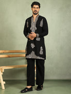 Luxe Men's Japanese Fabric Zari Embroidered Design with Sequinned V-Neck Kurta with Trouser Set - Black