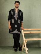 Luxe Men's Japanese Fabric Zari Embroidered Design with Sequinned V-Neck Kurta with Trouser Set - Black