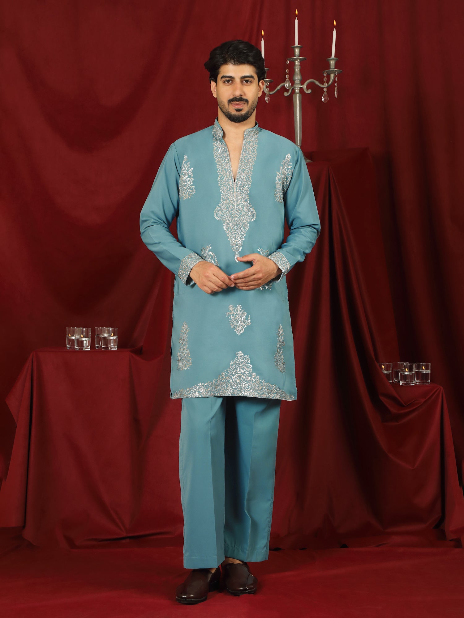 Luxe Men's Japanese Fabric Zari Embroidered Design with Sequinned V-Neck Kurta - Blue