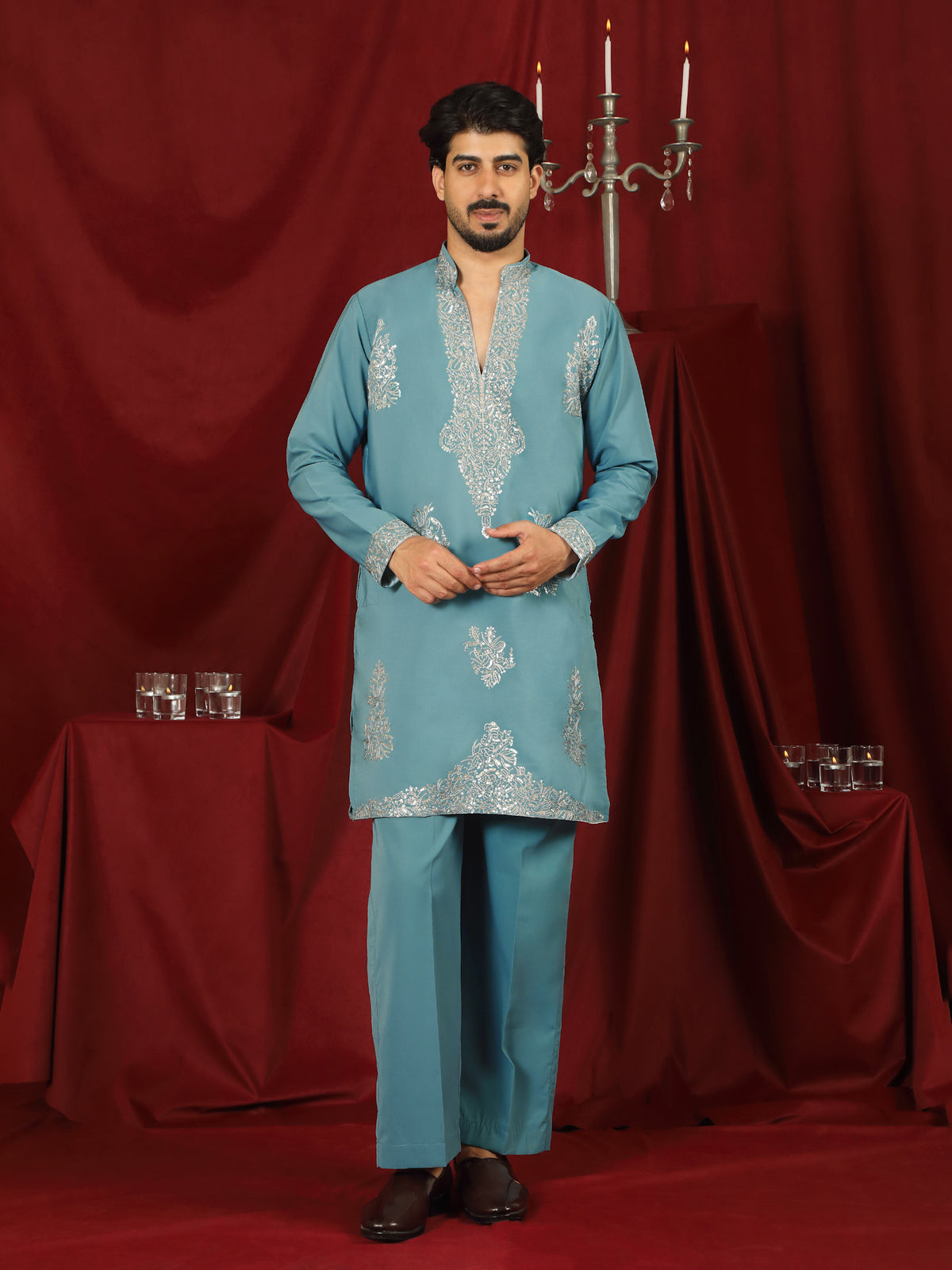 Luxe Men's Japanese Fabric Zari Embroidered Design with Sequinned V-Neck Kurta - Blue