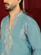 Luxe Men's Japanese Fabric Zari Embroidered Design with Sequinned V-Neck Kurta - Blue