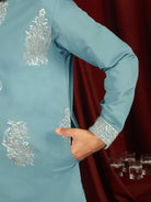 Luxe Men's Japanese Fabric Zari Embroidered Design with Sequinned V-Neck Kurta - Blue