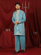 Luxe Men's Japanese Fabric Zari Embroidered Design with Sequinned V-Neck Kurta - Blue