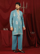 Luxe Men's Japanese Fabric Zari Embroidered Design with Sequinned V-Neck Kurta - Blue