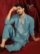 Luxe Men's Japanese Fabric Zari Embroidered Design with Sequinned V-Neck Kurta - Blue