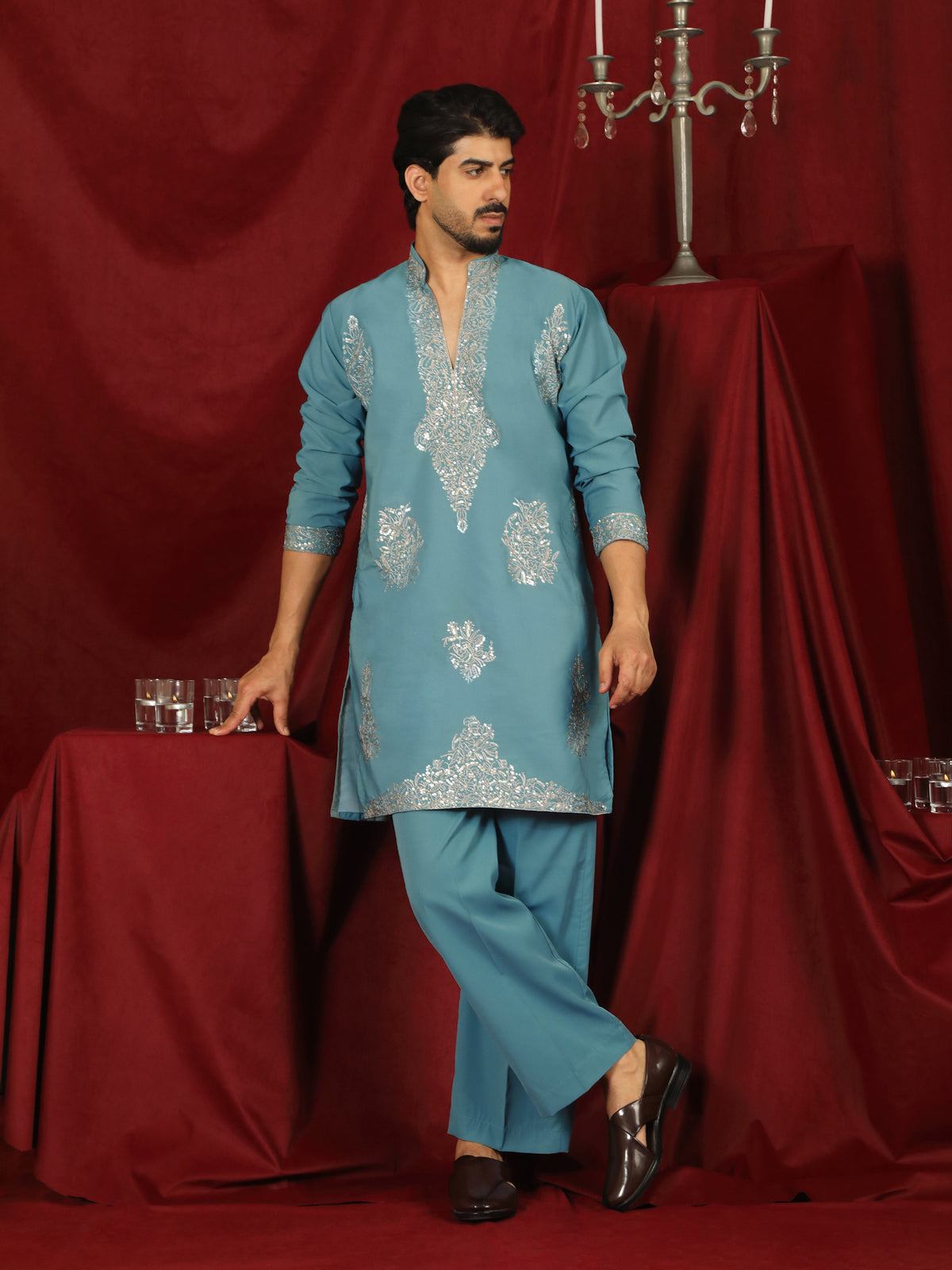 Luxe Men's Japanese Fabric Zari Embroidered Design with Sequinned V-Neck Kurta with Trouser Set - Blue