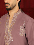 Luxe Men's Japanese Fabric Zari Embroidered Design with Sequinned V-Neck Kurta - Coral
