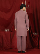 Luxe Men's Japanese Fabric Zari Embroidered Design with Sequinned V-Neck Kurta - Coral