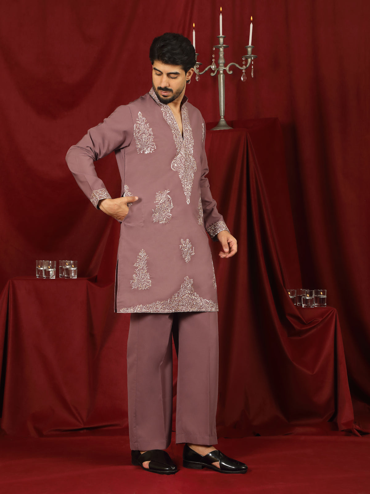 Luxe Men's Japanese Fabric Zari Embroidered Design with Sequinned V-Neck Kurta - Coral