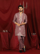 Luxe Men's Japanese Fabric Zari Embroidered Design with Sequinned V-Neck Kurta - Coral