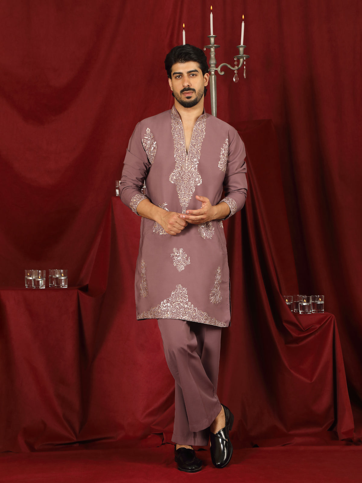 Luxe Men's Japanese Fabric Zari Embroidered Design with Sequinned V-Neck Kurta - Coral