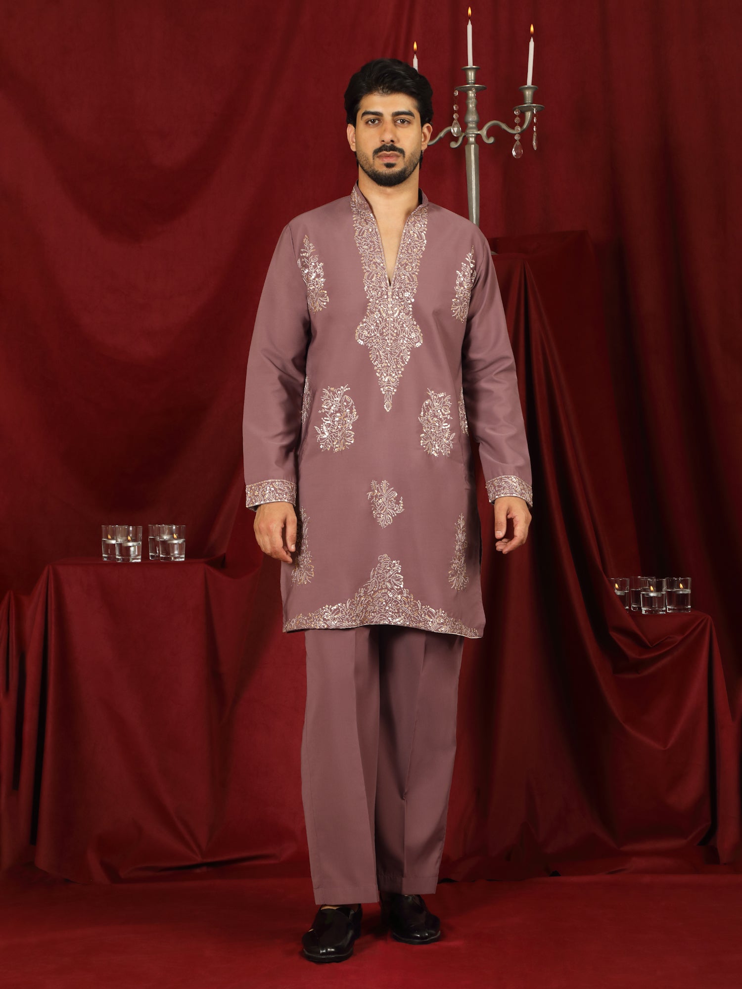 Luxe Men's Japanese Fabric Zari Embroidered Design with Sequinned V-Neck Kurta with Trouser Set - Coral