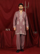 Luxe Men's Japanese Fabric Zari Embroidered Design with Sequinned V-Neck Kurta with Trouser Set - Coral